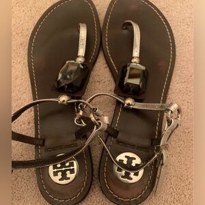 Tory Burch Stone Silver Gladiator Sandals